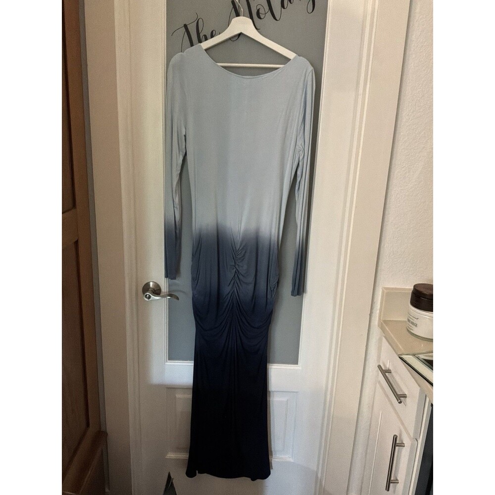 VENUS Blue Ombre Maxi Dress Medium Lace-Up Neck Long Sleeve Ruched Boho - Picture 4 of 9